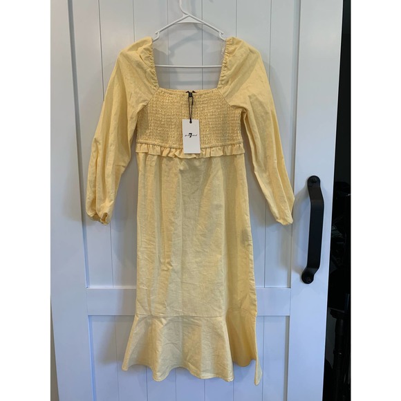 NWT 7 For All Mankind Yellow Smocked Linen Midi Dress - Picture 4 of 8